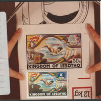 Lesotho 1984 Los Angeles Olympic Games coloured photograph of essay for 50s value showing Swimming with official label on reverse giving technical details and a note saying 'the man should be negroid' plus issued stamp SG 592