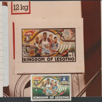 Lesotho 1984 Los Angeles Olympic Games coloured photograph of essay for 1m value showing Running with official label on reverse giving technical details plus issued stamp SG 594