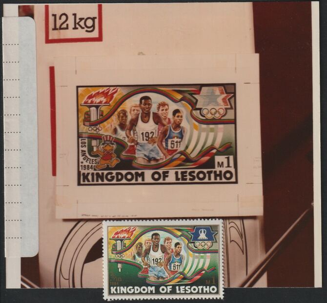 Lesotho 1984 Los Angeles Olympic Games coloured photograph of essay for 1m value showing Running with official label on reverse giving technical details plus issued stamp SG 594