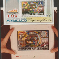 Lesotho 1984 Los Angeles Olympic Games coloured photograph of essay for 2m value showing Flames & Flags (as used for m/sheet)with official label on reverse giving technical details with alterations to value and size complete with ……Details Below