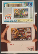 Lesotho 1984 Los Angeles Olympic Games coloured photograph of essay for 2m value showing Flames & Flags (as used for m/sheet)with official label on reverse giving technical details with alterations to value and size complete with ……Details Below