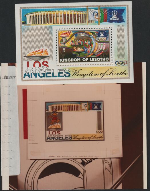 Lesotho 1984 Los Angeles Olympic Games coloured photograph of essay for frame of m/sheet with official label on reverse giving technical details with alterations to value and size complete with issued m/sheet SG MS595