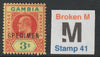 GAMBIA 1902 KE7 3s opt'd SPECIMEN with BROKEN M variety fine mint and only 13 can exist. Formerly in the John Rose Collection