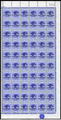 Bahamas 1942 KG6 Landfall of Columbus 3d ultramarine complete right pane of 60 including plate variety R10/4 (Damaged oval at 6 o'clock) plus overprint varieties R1/2 (Flaw in N), R1/4 (Damaged top of L), R2/4 (Broken F), R3/2 (Fl……Details Below