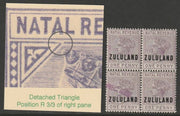 Zululand 1891 Postal Fiscal1d superb mint block of 4 handstamped SPECIMEN one stamp with DETACHED TRIANGLE VARIETY almost certainly unique SG F1as