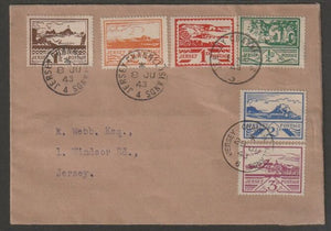 Jersey 1943-44 Occupation set of 6 on single cover with the three first day cancels SG 3-8