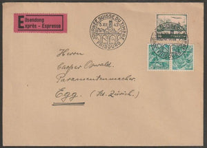 Switzerland 1943 Express cover bearing 50c Air plus 5c Landscapes tete-beche pair with special Fribourg Stamp Day cancels