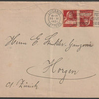 Switzerland 1921 cover bearing William Tell 10c red on buff tete-beche pair with fine Lugano slogan cancel