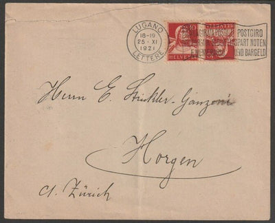 Switzerland 1921 cover bearing William Tell 10c red on buff tete-beche pair with fine Lugano slogan cancel