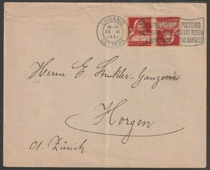 Switzerland 1921 cover bearing William Tell 10c red on buff tete-beche pair with fine Lugano slogan cancel