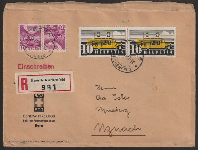 Switzerland 1941 Registeredcover bearing  10c Mobile PO x 2 plus 10c Landscapes tete-beche pair with Bern cancels