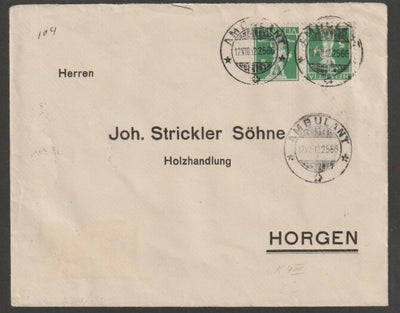 Switzerland 1925 cover bearing Tell's Son 5c green  tete-beche pair (type b) with St unclear cancels