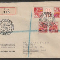 Switzerland 1946 registered cover bearing 2 x 20c Landscapes tete-beche pairs with special Stamp Day cancel