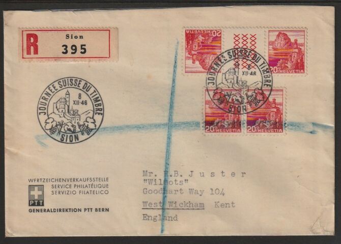Switzerland 1946 registered cover bearing 2 x 20c Landscapes tete-beche pairs with special Stamp Day cancel