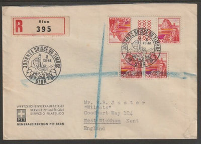 Switzerland 1946 registered cover bearing 2 x 20c Landscapes tete-beche pairs with special Stamp Day cancel