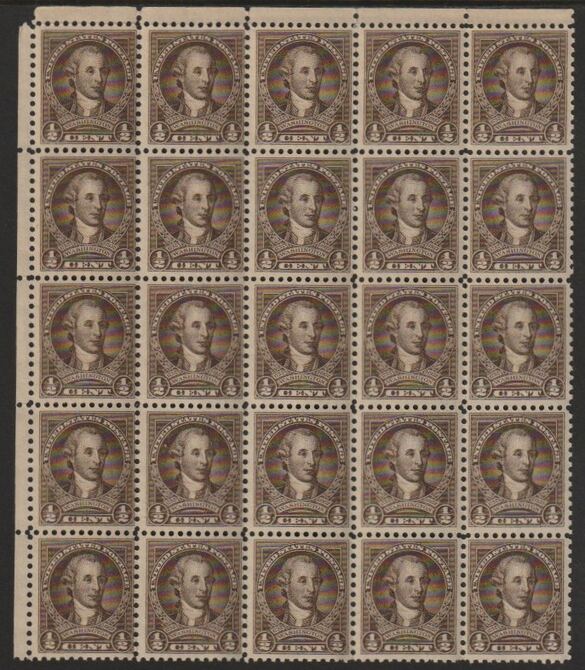 United States 1932 Washington 1/2c sepia fine unmounted mint block of 25 (5x5) SG 704