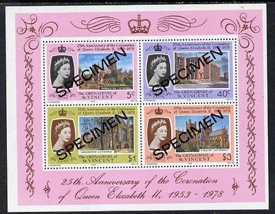 St Vincent - Grenadines 1978 Coronation 25th Anniversary m/sheet (Cathedrals) opt'd Specimen unmounted mint, as SG MS 134