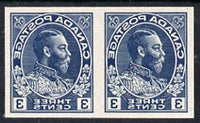 Canada 1928 KG5 3c Admiral design slightly enlarged and reversed in blue horiz pair on thin card, imperf Printing trial essay for the Victory-Kidder machine, some creasing & wrinkles (ex ABNCo archives)