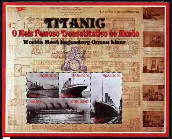Angola 1998 RMS Titanic perf sheetlet containing 4 values unmounted mint. Note this item is privately produced and is offered purely on its thematic appeal
