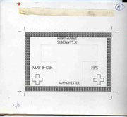 Exhibition souvenir sheet for 1975 North West Showpex - Original hand-drawn artwork for outer frame on board 230 x 192 mm (image 150 x 102 mm) with artist's rough showing initial design plus issued souvenir sheet showing Red Cross stamps
