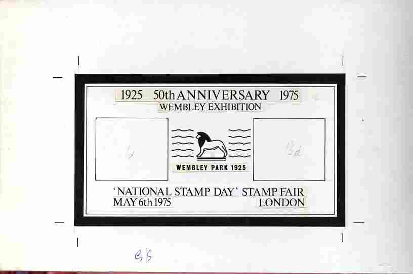 Exhibition souvenir sheet for 1975 National Stamp Day - Original hand-drawn artwork for outer frame on board 230 x 145 mm (image 143 x 80 mm) with artist's rough showing initial design plus issued souvenir sheet showing Great Brit……Details Below