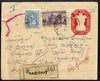 India 1953 postal stationery env with additional adhesives registered from BASIRHAT marked ‘Refused’