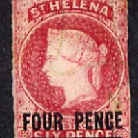 St Helena 1863 QV Crown CC imperf 4d carmine, 3 margins with possibly pen cancel SG 5 cat £250