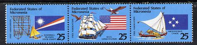 Micronesia 1990 Free Association strip of 3 (Birds, Ships & Flags) unmounted mint SG 198a