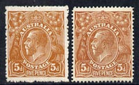 Australia 1914-20 KG5 Head 5d brown two mounted mint copies (line & comb perf) SG23/a