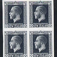 New Zealand 1915 KG5 1/2d imperf proof block of 4 in bluish-grey on thin card
