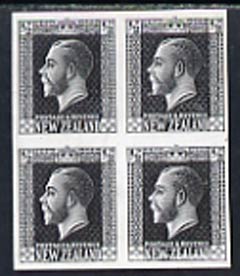 New Zealand 1915 KG5 1/2d imperf proof block of 4 in black on thin card