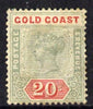 Gold Coast 1889-94 QV CA 20s green & red a cleaned fiscal and probably regummed to produce a very acceptable space-filler of this exceptionally scarce stamp (cat £3,250 mint) SG24