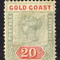 Gold Coast 1889-94 QV CA 20s green & red a cleaned fiscal and probably regummed to produce a very acceptable space-filler of this exceptionally scarce stamp (cat £3,250 mint) SG24