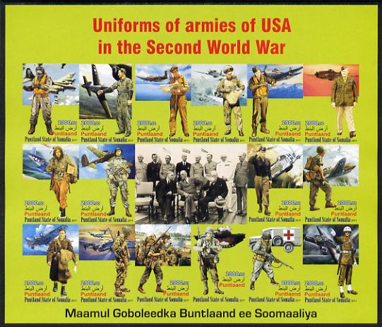 Somaliland 2011 Uniforms of Armies of the USA in World War II imperf sheetlet containing 16 values unmounted mint