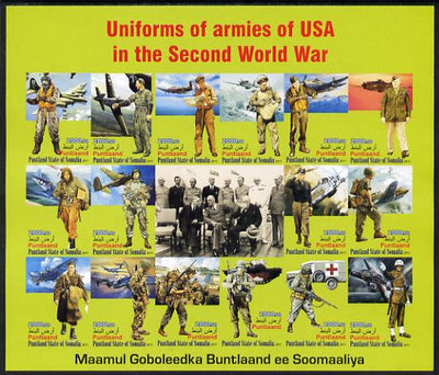 Somaliland 2011 Uniforms of Armies of the USA in World War II imperf sheetlet containing 16 values unmounted mint