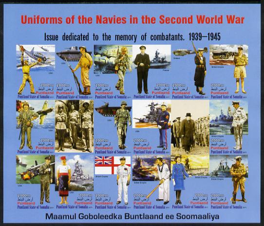 Somaliland 2011 Uniforms of the Navies in World War II #1 imperf sheetlet containing 18 values unmounted mint