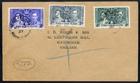 Turks & Caicos Islands 1937 KG6 Coronation set of 3 on cover with first day cancel addressed to the forger, J D Harris.,Harris was imprisoned for 9 months after Robson Lowe exposed him for applying forged first day cancels to Coro……Details Below