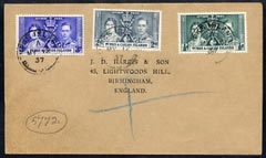 Turks & Caicos Islands 1937 KG6 Coronation set of 3 on cover with first day cancel addressed to the forger, J D Harris.,Harris was imprisoned for 9 months after Robson Lowe exposed him for applying forged first day cancels to Coro……Details Below