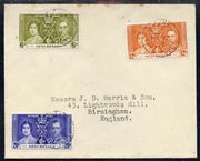 Seychelles 1937 KG6 Coronation set of 3 on plain cover with first day cancel addressed to the forger, J D Harris.,Harris was imprisoned for 9 months after Robson Lowe exposed him for applying forged first day cancels to Coronation……Details Below