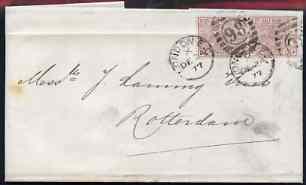 Great Britain 1877 QV entire London to Rotterdam, Netherlands bearing 2 x QV 2.5d plate 9, b/stamped Rotterdam 25 DEC 77 (Christmas Day)
