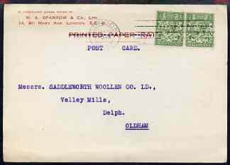 Great Britain 1932 Commercial postcard bearing pair KG5 1/2d with 'WAS & Co' perfin (W A Sparrow & Co Ltd), fine