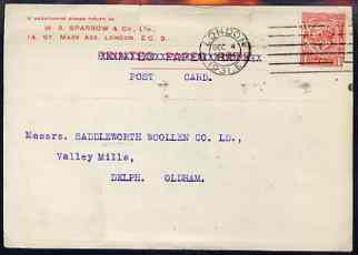 Great Britain 1931 Commercial postcard bearing KG5 1d with 'WAS & Co' perfin (W A Sparrow & Co Ltd), card torn at top and stamp damaged