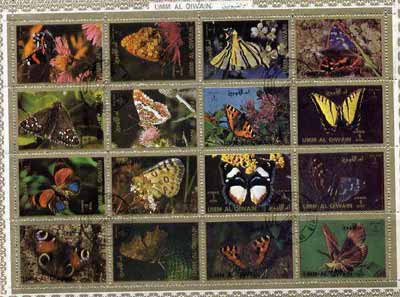 Umm Al Qiwain 1972 Butterflies sheetlet containing 16 values cto used (Mi 1498-1513A)