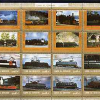 Umm Al Qiwain 1972 Locomotives sheetlet containing 16 values cto used (Mi 1210-25A)