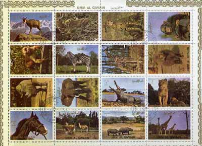 Umm Al Qiwain 1972 Animals #2 sheetlet containing 16 values cto used (Mi 1002-17)