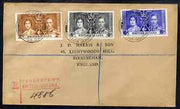 British Guiana 1937 KG6 Coronation set of 3 on reg cover with first day cancel addressed to the forger, J D Harris.,Harris was imprisoned for 9 months after Robson Lowe exposed him for applying forged first day cancels to Coronati……Details Below