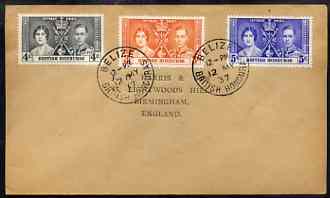 British Honduras 1937 KG6 Coronation set of 3 on cover with first day cancel addressed to the forger, J D Harris.,Harris was imprisoned for 9 months after Robson Lowe exposed him for applying forged first day cancels to Coronation……Details Below