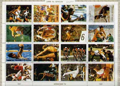 Umm Al Qiwain 1972 Munich Olympics sheetlet containing 16 values cto used (Mi 938-53A)