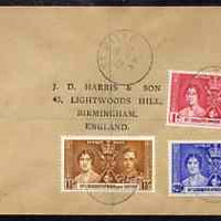 St Kitts-Nevis 1937 KG6 Coronation set of 3 on reg cover with first day cancel addressed to the forger, J D Harris.,Harris was imprisoned for 9 months after Robson Lowe exposed him for applying forged first day cancels to Coronati……Details Below