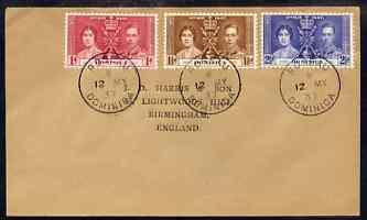 Dominica 1937 KG6 Coronation set of 3 on cover with first day cancel addressed to the forger, J D Harris.,Harris was imprisoned for 9 months after Robson Lowe exposed him for applying forged first day cancels to Coronation covers ……Details Below
